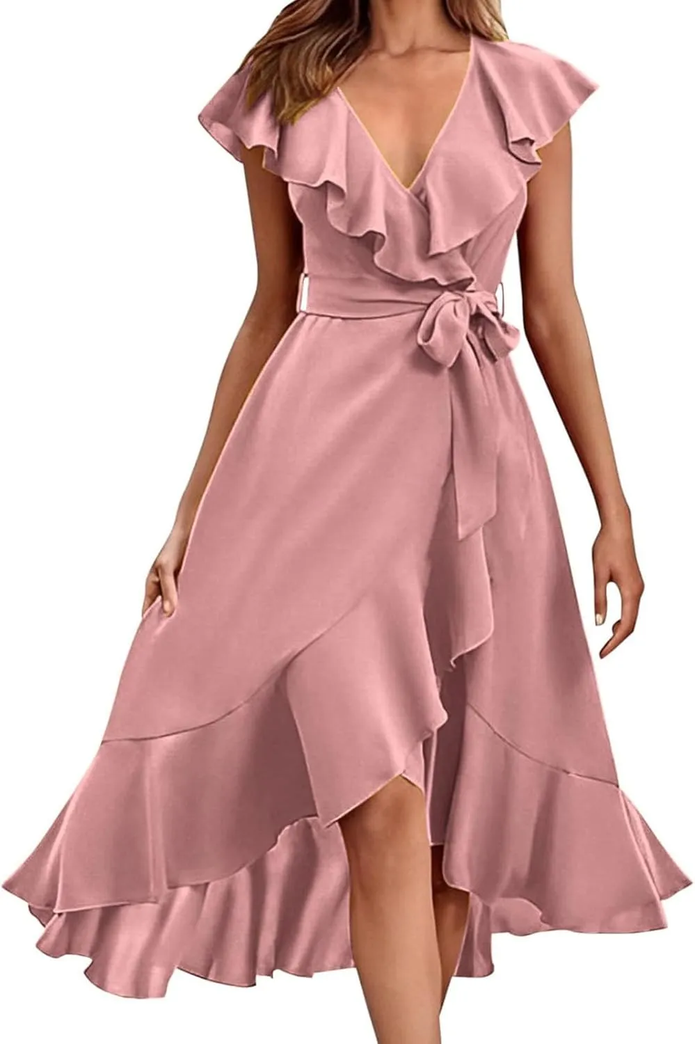 2025 Dresses for Women Summer Bohemian Wrap Midi Dress Sexy V Neck Wedding Guest Dress Ruffle Hem Split Beach Dresses