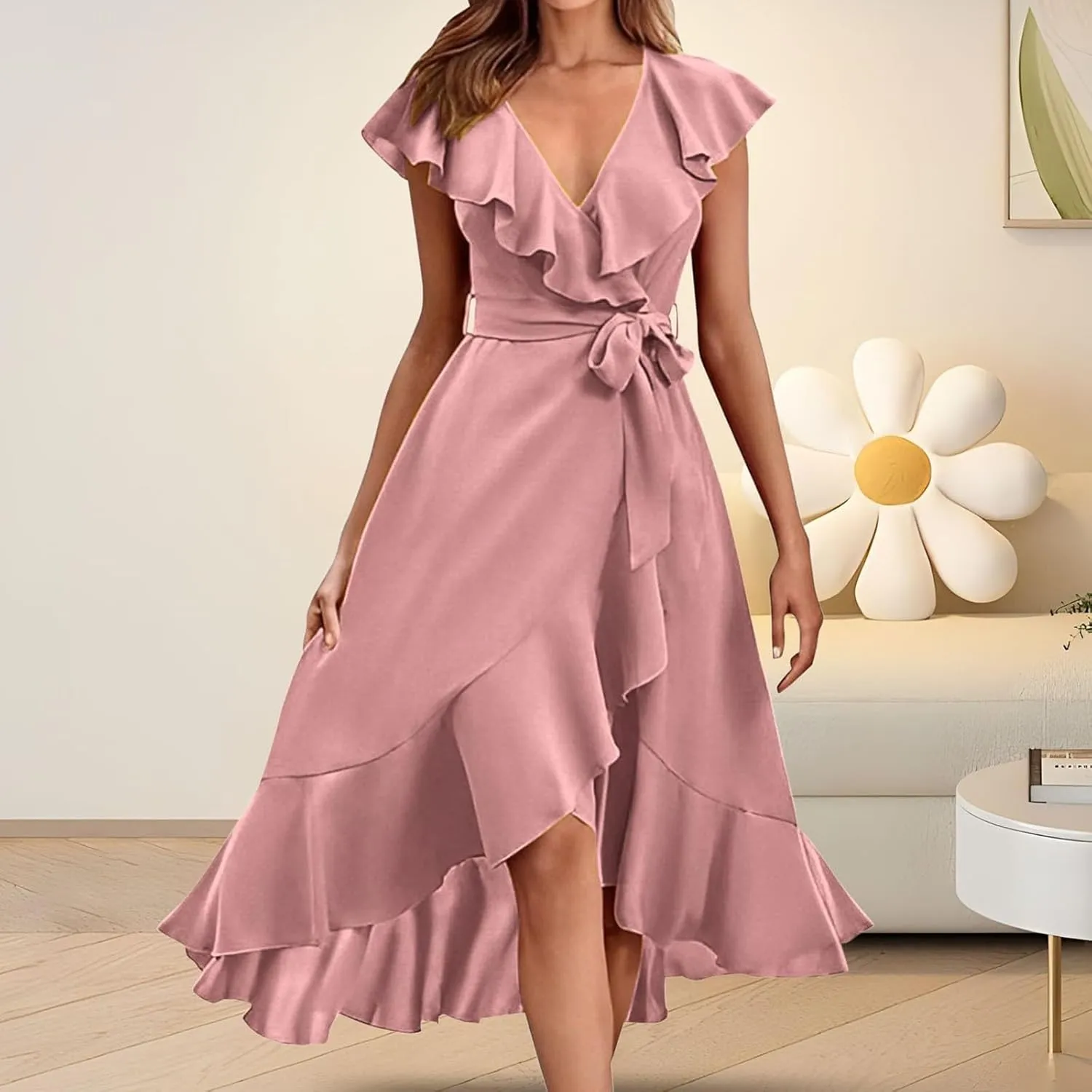 2025 Dresses for Women Summer Bohemian Wrap Midi Dress Sexy V Neck Wedding Guest Dress Ruffle Hem Split Beach Dresses