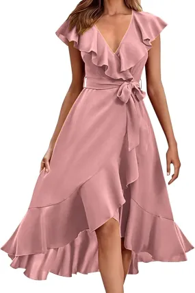 2025 Dresses for Women Summer Bohemian Wrap Midi Dress Sexy V Neck Wedding Guest Dress Ruffle Hem Split Beach Dresses