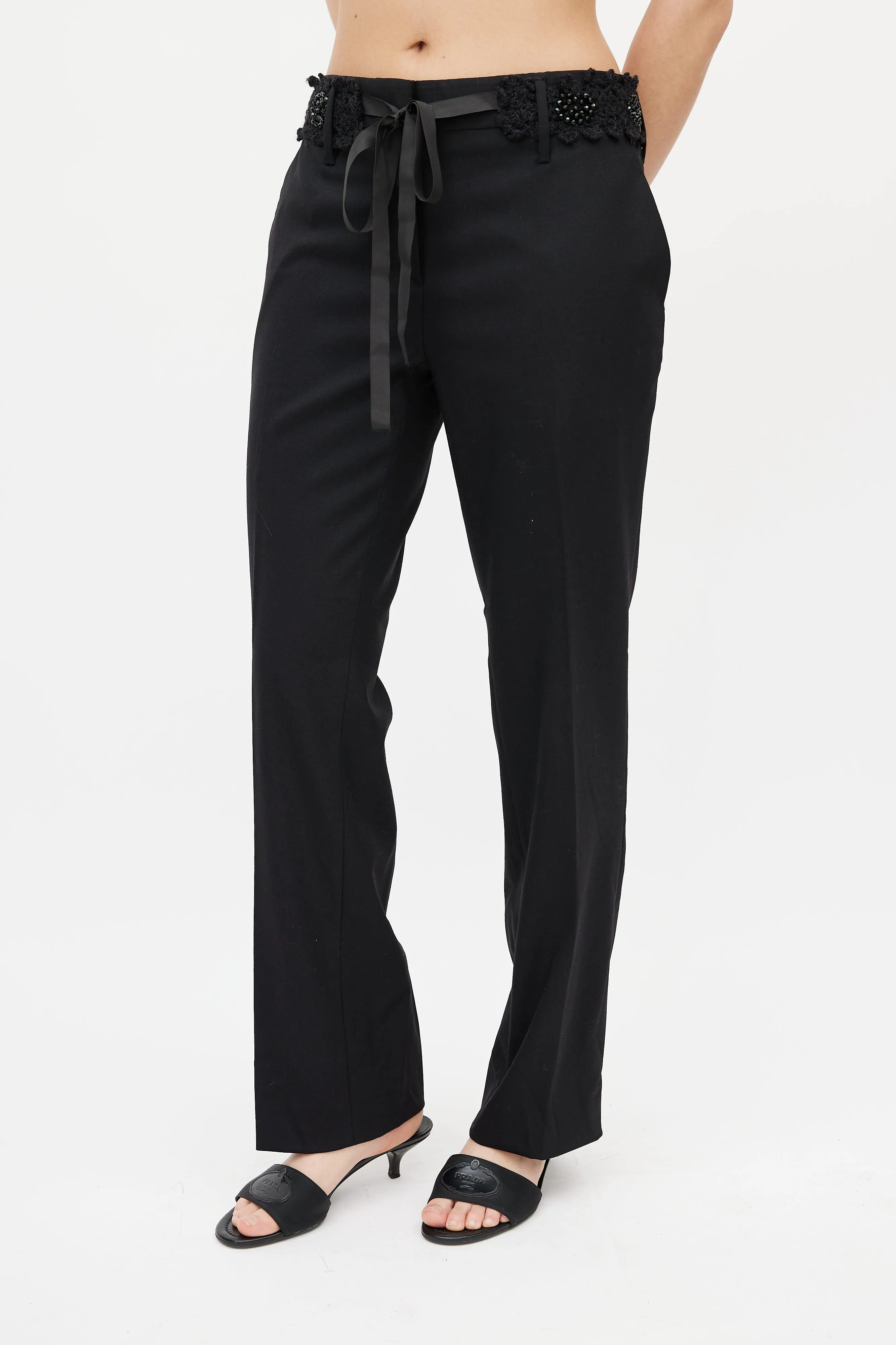 Black Beaded Waist Wool Trouser