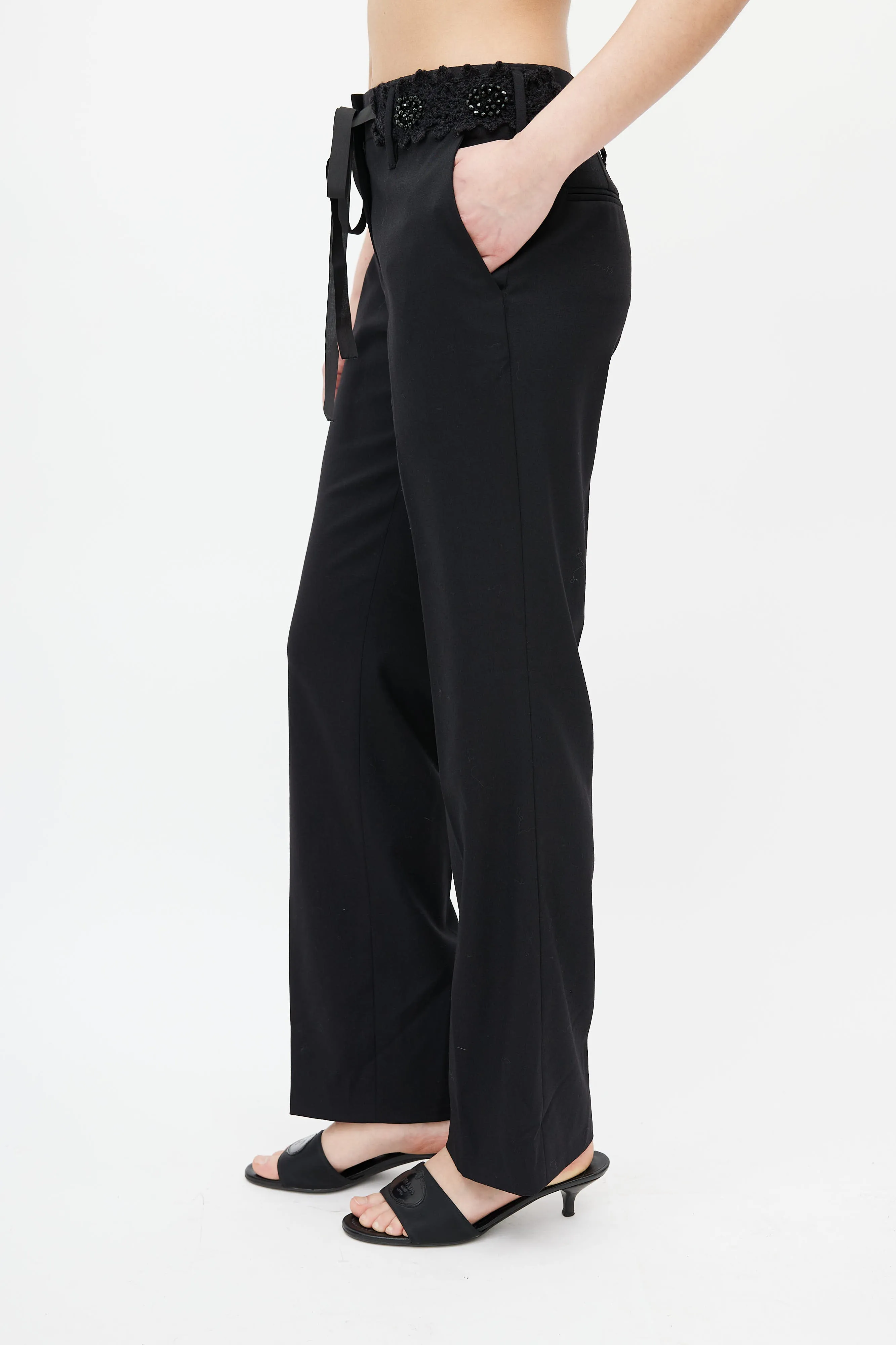 Black Beaded Waist Wool Trouser
