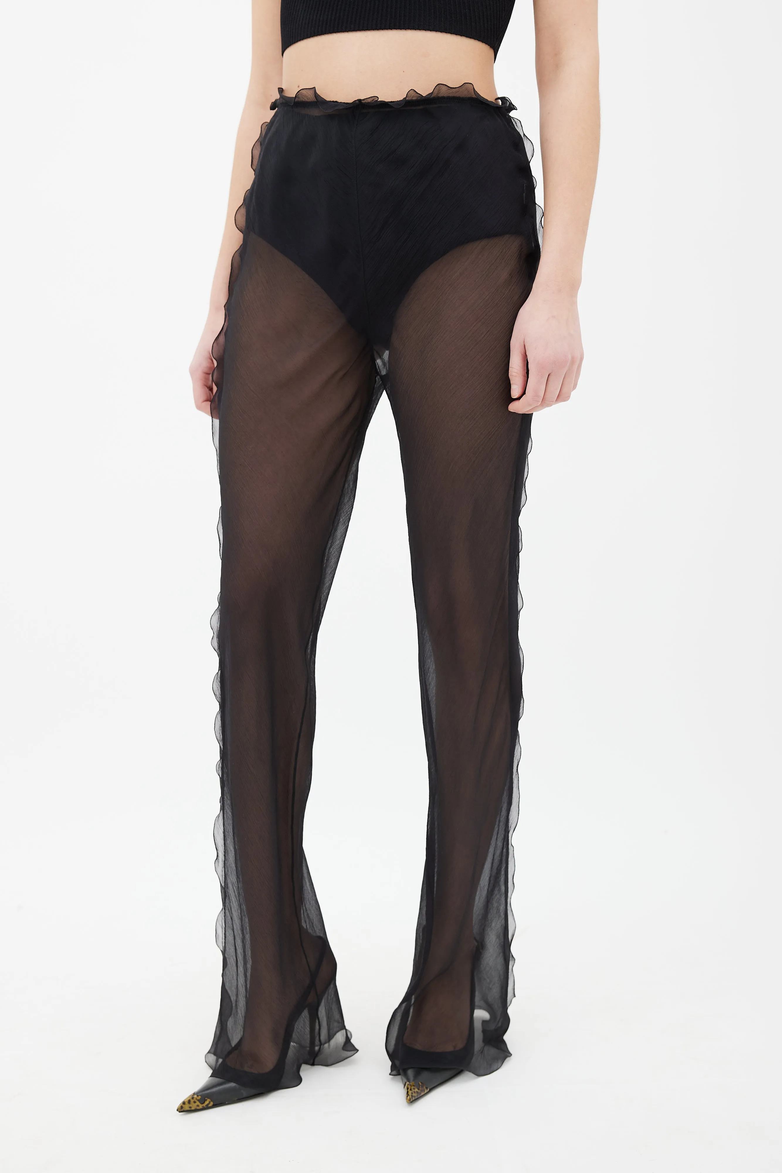 Black Silk Scalloped Sheer Trouser
