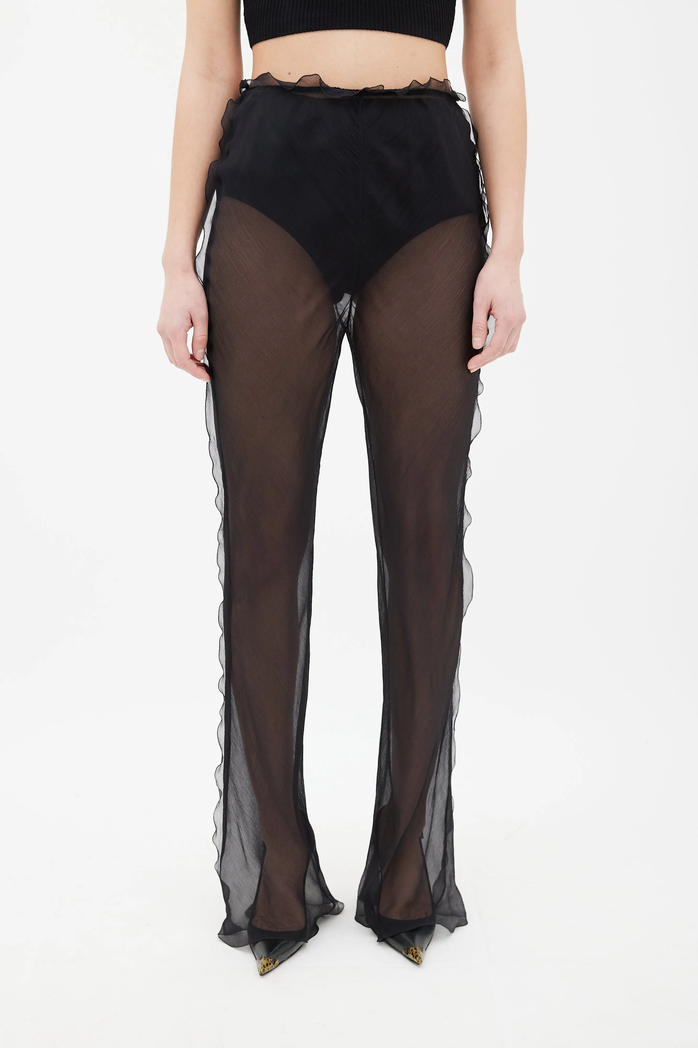 Black Silk Scalloped Sheer Trouser