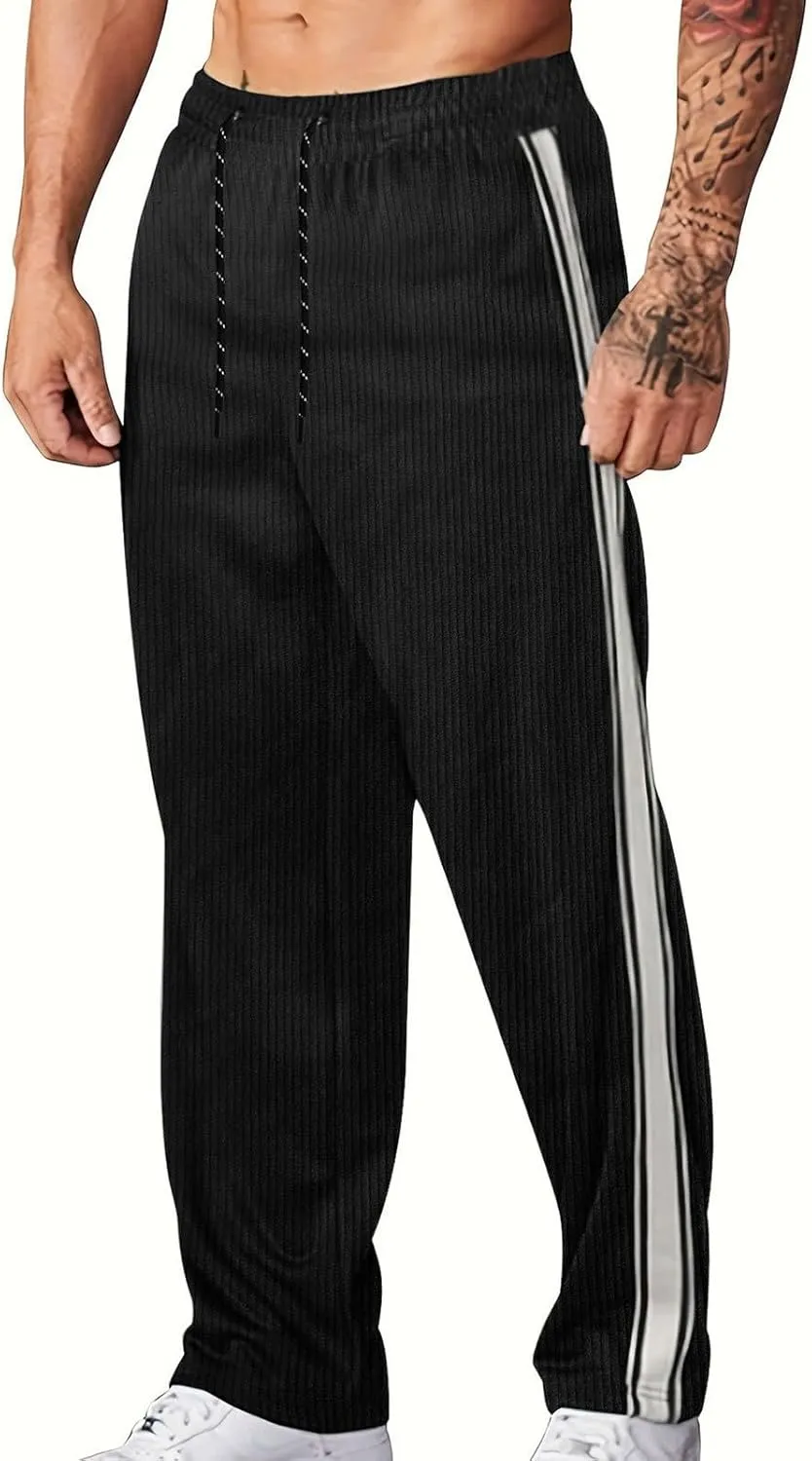 Casual Corduroy Pants for Mens Stripe Elastic Waist Straight Leg Trousers Fashion Warm Up Jogging Workout Sweatpants