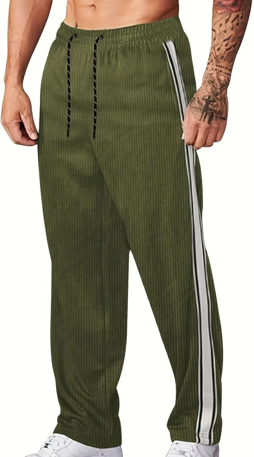Casual Corduroy Pants for Mens Stripe Elastic Waist Straight Leg Trousers Fashion Warm Up Jogging Workout Sweatpants