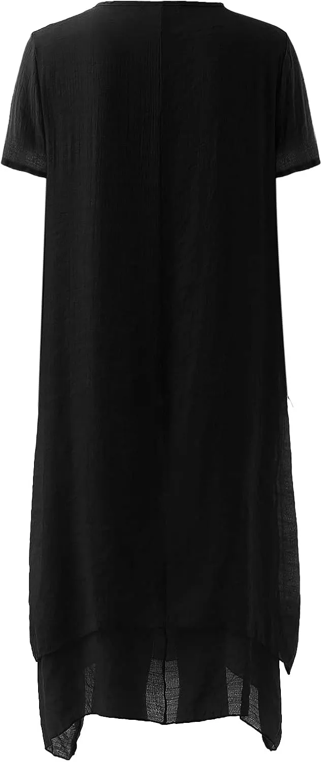 Casual Dresses for Women Cotton Linen Short Sleeve Long Dress with Pockets Handkerchief Maxi Dress Summer Dresses