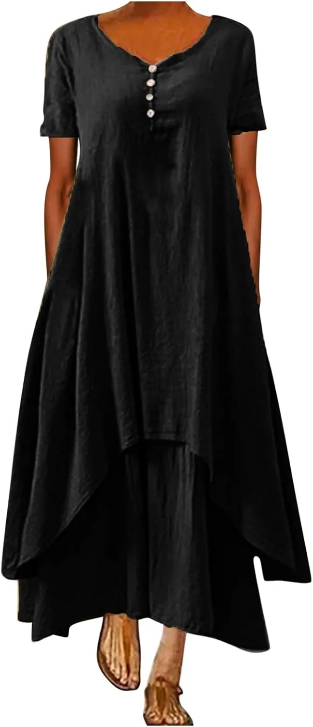 Casual Dresses for Women Cotton Linen Short Sleeve Long Dress with Pockets Handkerchief Maxi Dress Summer Dresses
