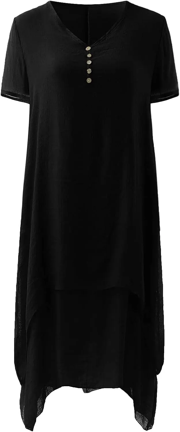 Casual Dresses for Women Cotton Linen Short Sleeve Long Dress with Pockets Handkerchief Maxi Dress Summer Dresses