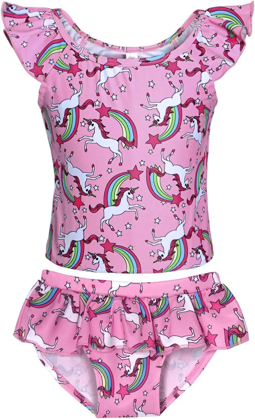 COTRIO Girls Swimsuit Rainbow Unicorn Tankini Swimwear Bathing Suit 2 Piece Beach Bikini for 2-10 Years Toddler Baby