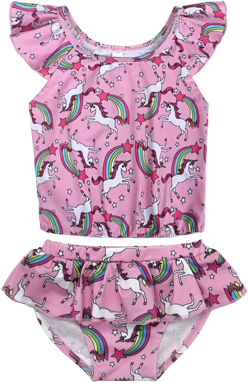 COTRIO Girls Swimsuit Rainbow Unicorn Tankini Swimwear Bathing Suit 2 Piece Beach Bikini for 2-10 Years Toddler Baby