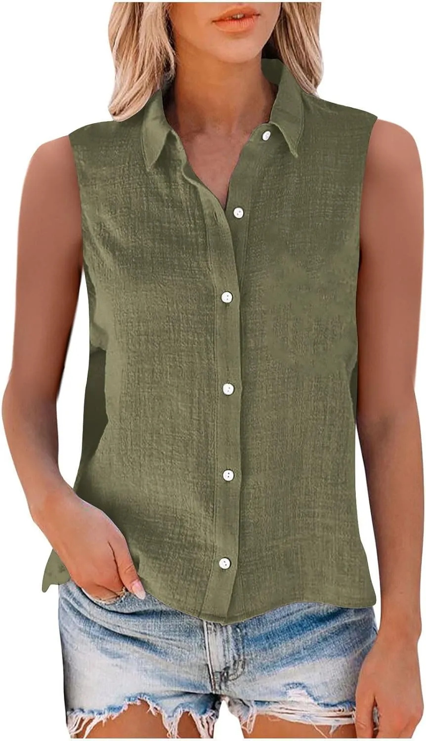 Cotton Gauze Tank Shirts for Women Sleeveless Collared Top Oversized Button Down Office Blouse Casual Summer Shirt