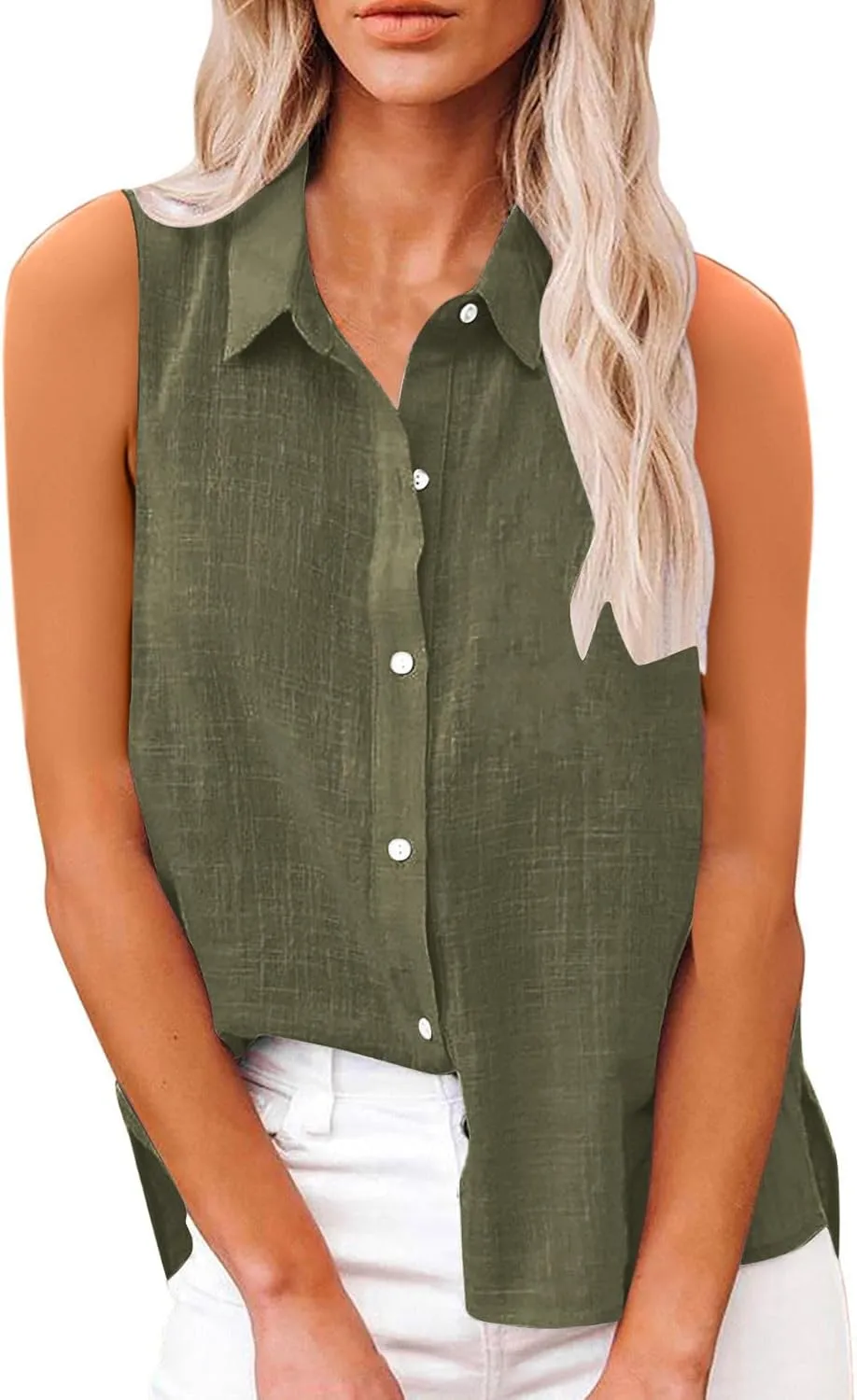 Cotton Gauze Tank Shirts for Women Sleeveless Collared Top Oversized Button Down Office Blouse Casual Summer Shirt
