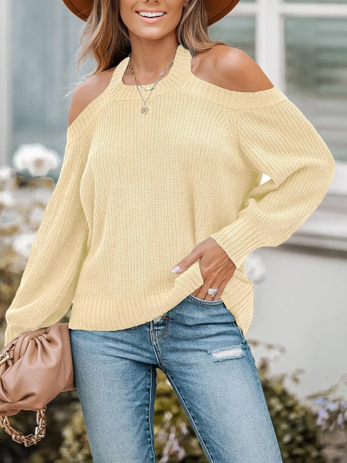 CUPSHE Women Pullover Sweater Open Shoulder Choker Sexy Back Long Sleeves Loose Chunky Knit Tops