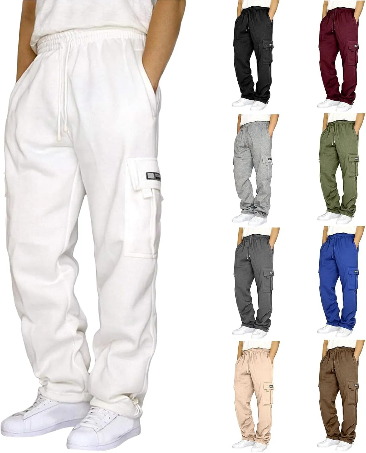 Drawstring Cargo Sweatpants for Men Casual Athletic Workout Hiking Trousers Elastic Waist Loose Fit Pants with Pockets