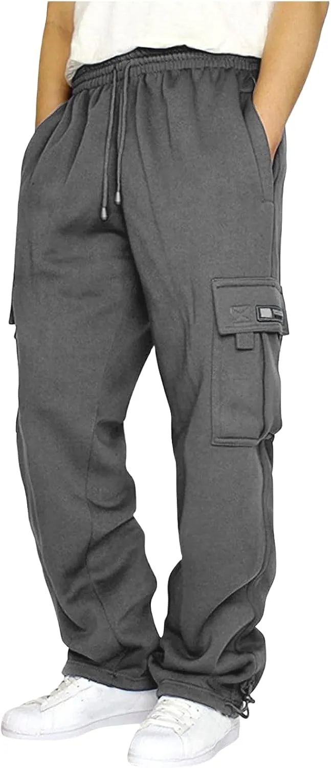 Drawstring Cargo Sweatpants for Men Casual Athletic Workout Hiking Trousers Elastic Waist Loose Fit Pants with Pockets