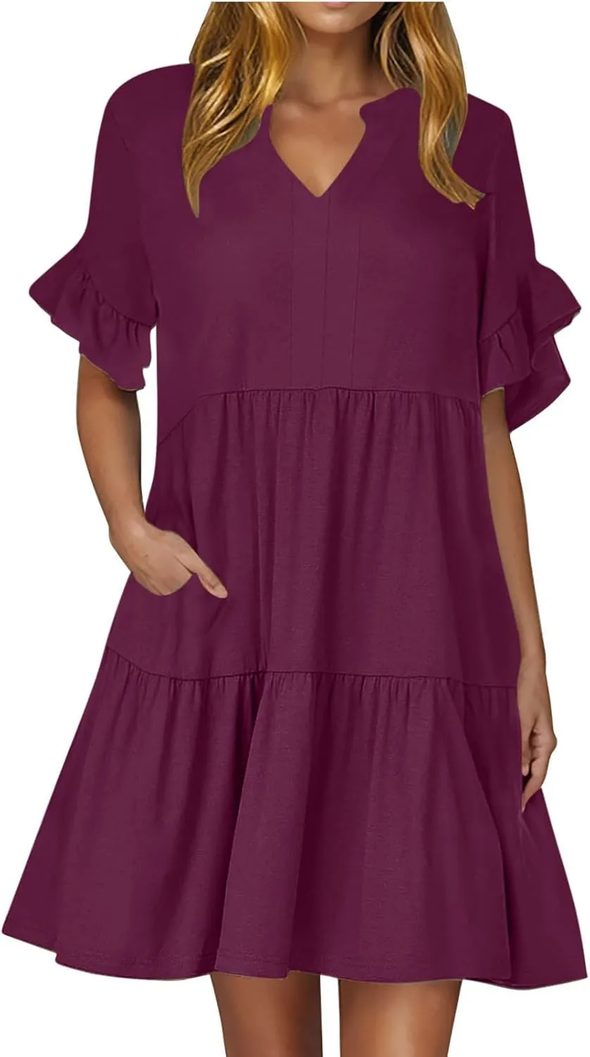 Dresses for Women Summer 2025 Ruffle Hem Flowy A-Line Dress Casual Trendy Babydoll Tiered Mini Dress with Pockets