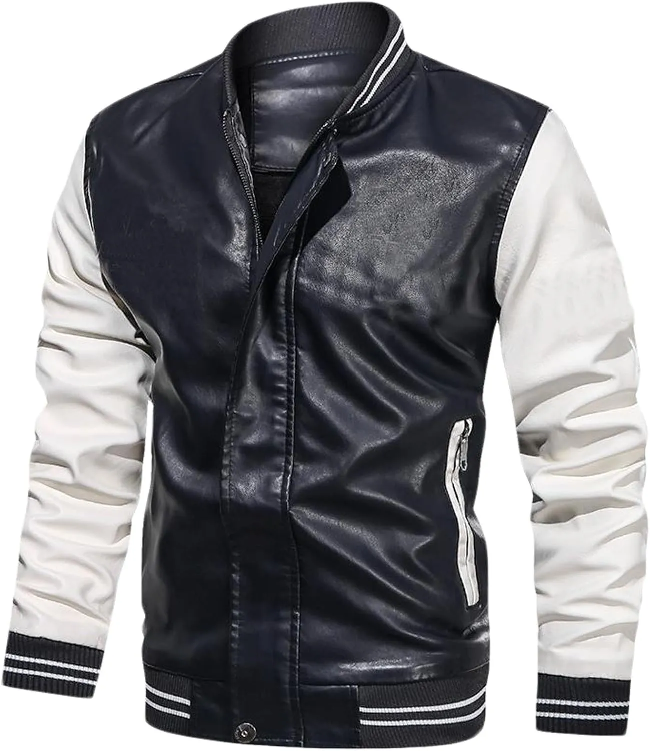 Faux Leather Jackets for Men Fitted Color Block Motorcycle Jacket PU Full Zip Biker Bomber Jacket with Pocket