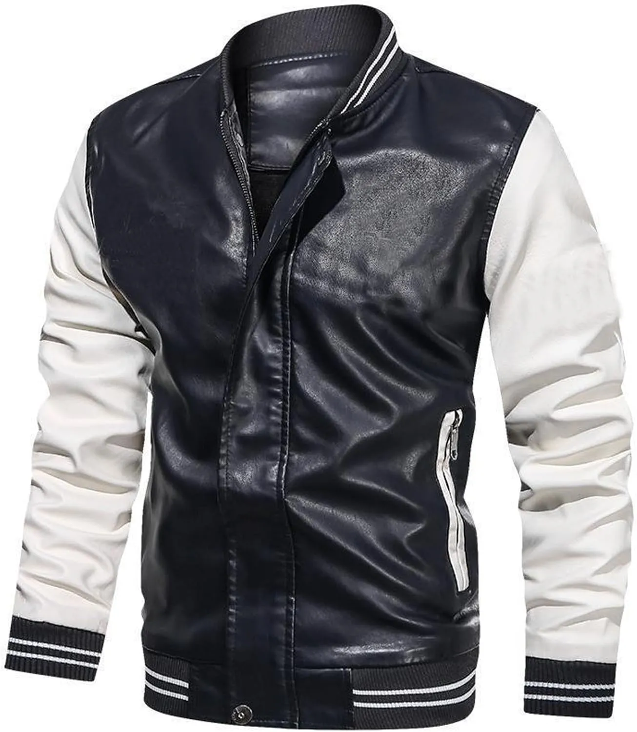 Faux Leather Jackets for Men Fitted Color Block Motorcycle Jacket PU Full Zip Biker Bomber Jacket with Pocket