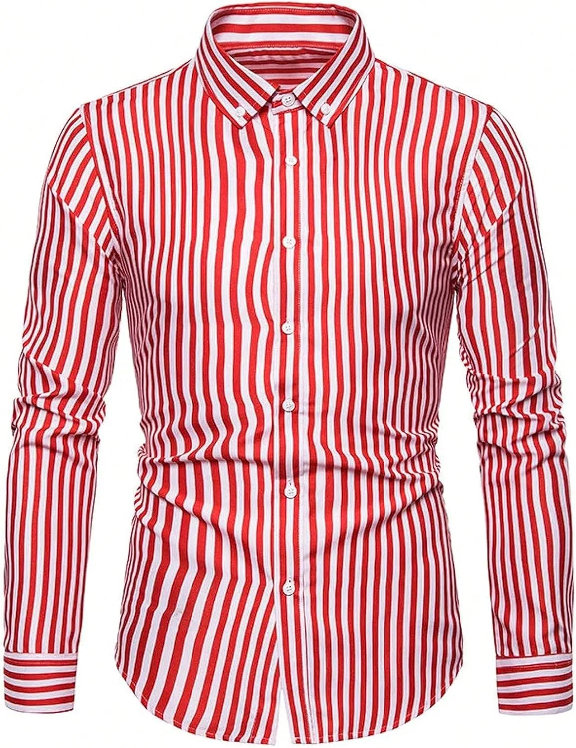 Floerns Men's Striped Print Button Front Collared Long Sleeve Shirt Top