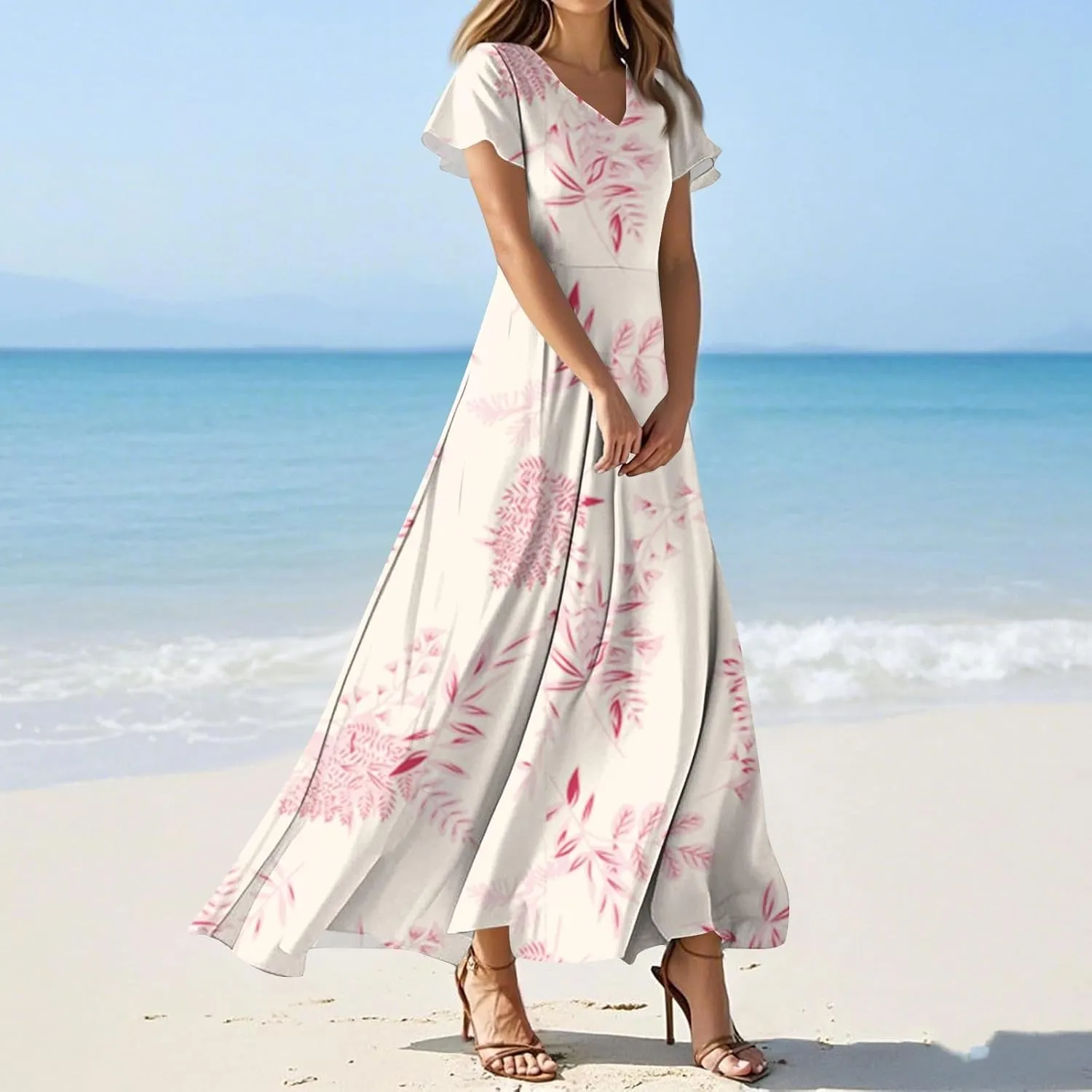 Floral Maxi Dresses for Women Summer Short Sleeve Elegant Loose V-Neck Light Party High Waist Long Dress