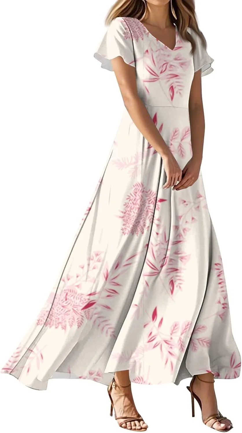 Floral Maxi Dresses for Women Summer Short Sleeve Elegant Loose V-Neck Light Party High Waist Long Dress