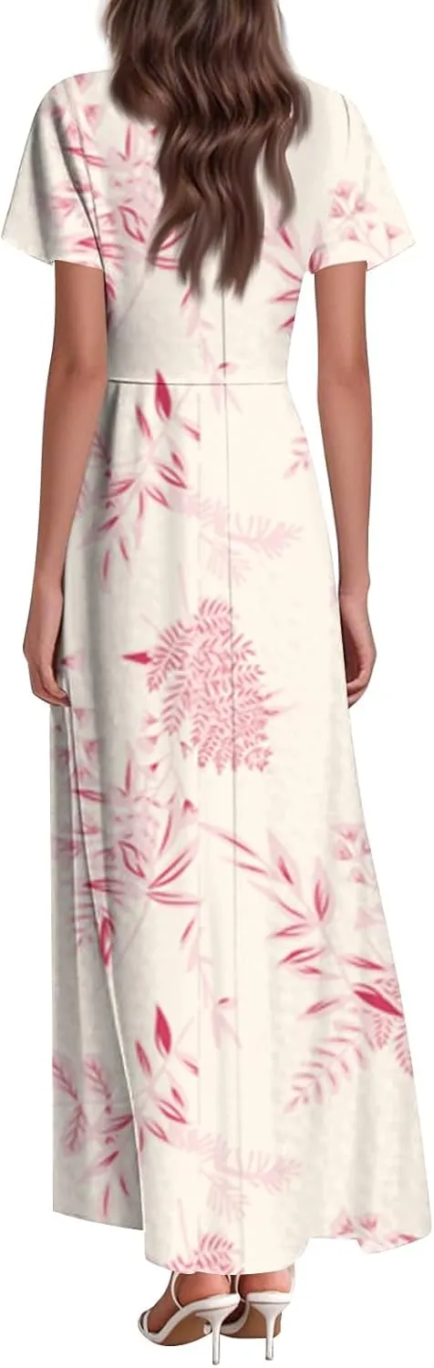 Floral Maxi Dresses for Women Summer Short Sleeve Elegant Loose V-Neck Light Party High Waist Long Dress