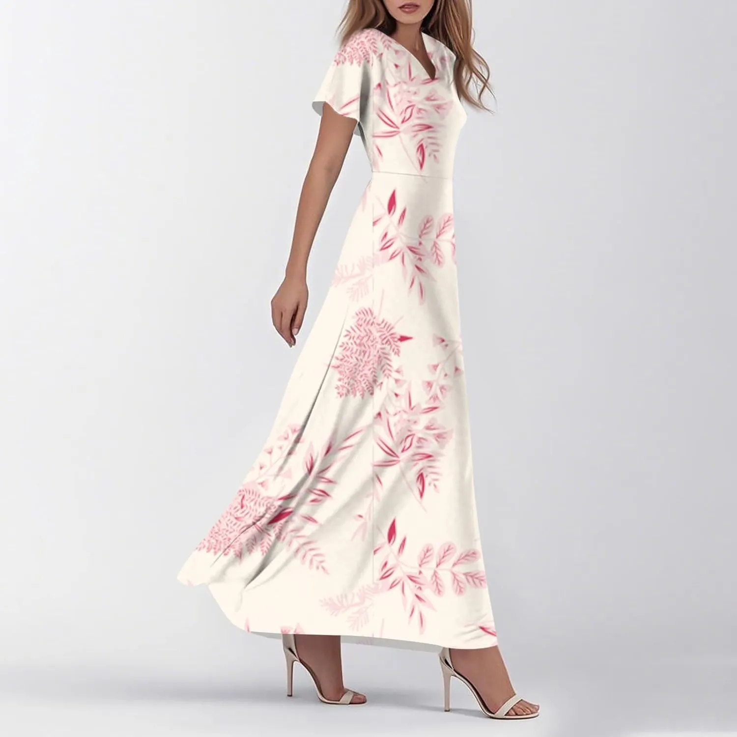 Floral Maxi Dresses for Women Summer Short Sleeve Elegant Loose V-Neck Light Party High Waist Long Dress