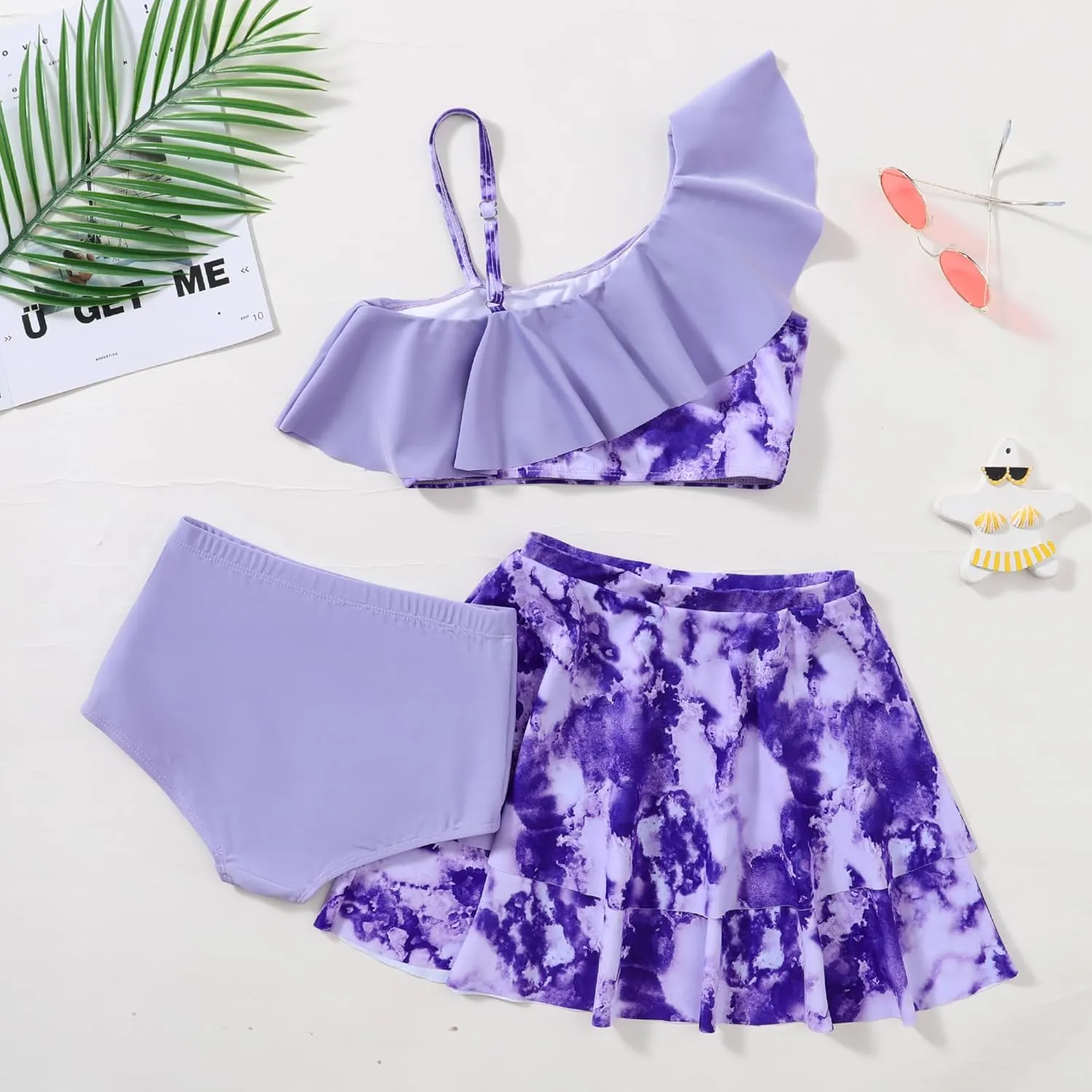 Girls 3 Piece Bathing Suit One Shoulder Ruffle Flounce Bikini Set with Cover Up Skirt Quick Dry Swimsuit 5-12 Years