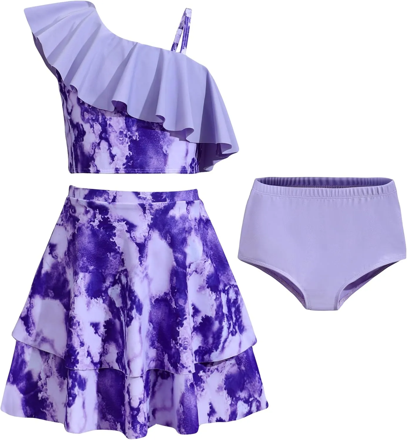 Girls 3 Piece Bathing Suit One Shoulder Ruffle Flounce Bikini Set with Cover Up Skirt Quick Dry Swimsuit 5-12 Years
