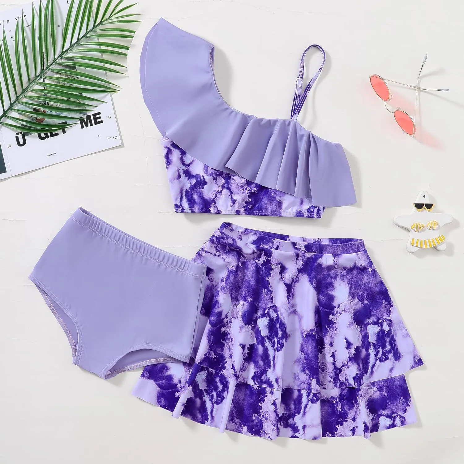Girls 3 Piece Bathing Suit One Shoulder Ruffle Flounce Bikini Set with Cover Up Skirt Quick Dry Swimsuit 5-12 Years
