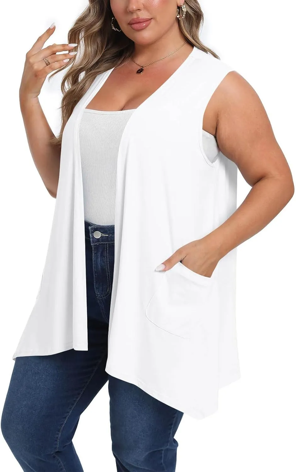 HGps8w Plus Size Women's Open Front Cardigans Loose Summer Sleeveless Tank Tops Loose Fit Casual Coverups Shirts with Pockets
