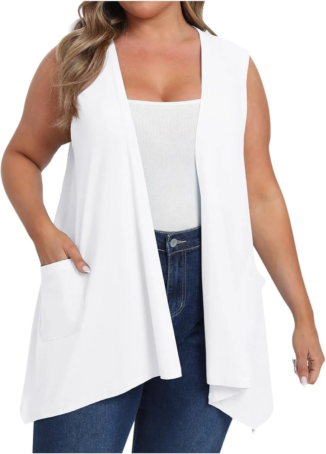 HGps8w Plus Size Women's Open Front Cardigans Loose Summer Sleeveless Tank Tops Loose Fit Casual Coverups Shirts with Pockets