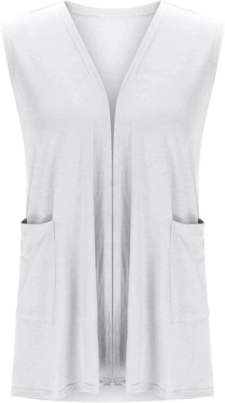 HGps8w Plus Size Women's Open Front Cardigans Loose Summer Sleeveless Tank Tops Loose Fit Casual Coverups Shirts with Pockets