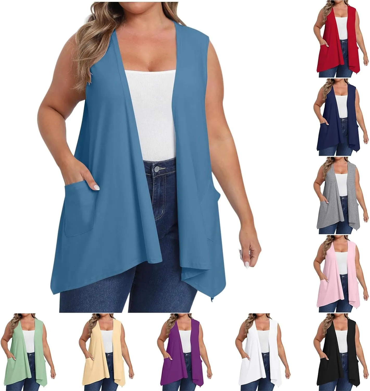 HGps8w Plus Size Women's Open Front Cardigans Loose Summer Sleeveless Tank Tops Loose Fit Casual Coverups Shirts with Pockets