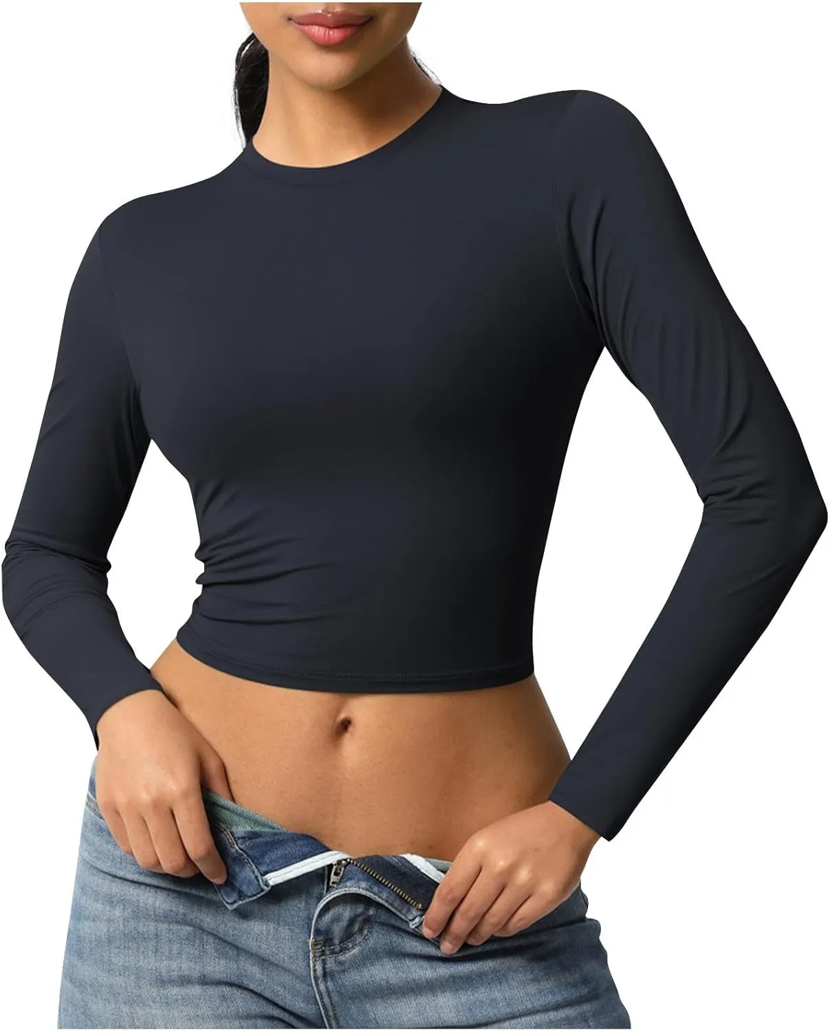 HGps8w Women's Long Sleeve Crop Workout Tops Casual Basic Solid Crewneck Slim Fitted Quick Dry Athletic Shirts