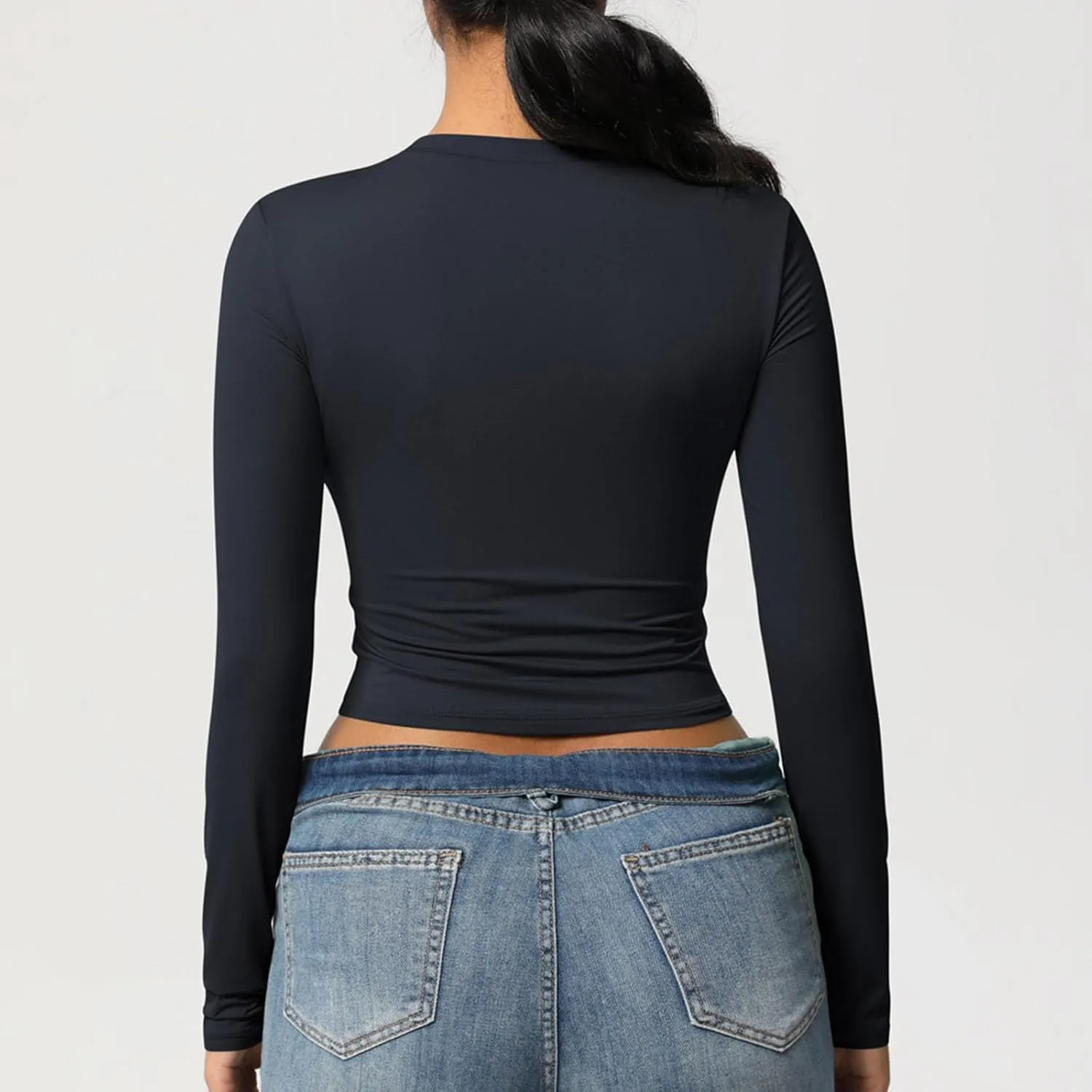 HGps8w Women's Long Sleeve Crop Workout Tops Casual Basic Solid Crewneck Slim Fitted Quick Dry Athletic Shirts