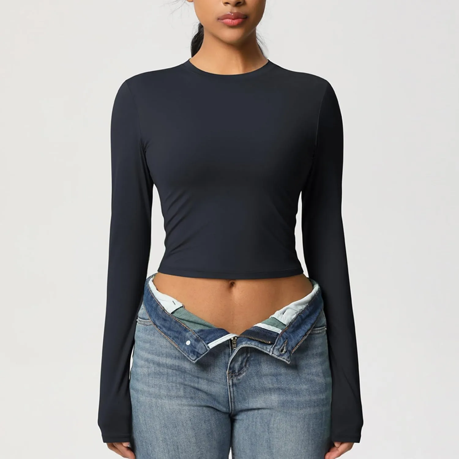 HGps8w Women's Long Sleeve Crop Workout Tops Casual Basic Solid Crewneck Slim Fitted Quick Dry Athletic Shirts