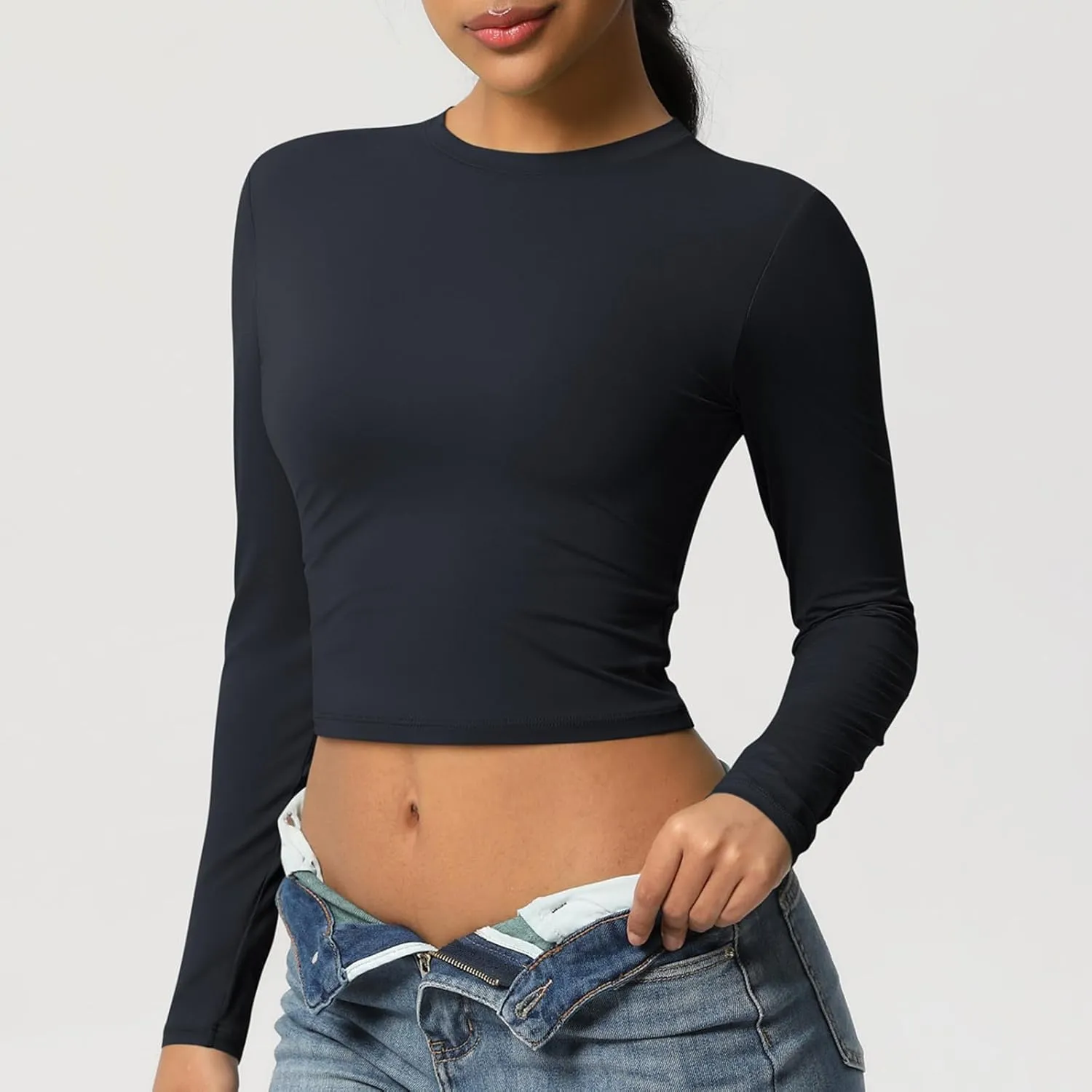 HGps8w Women's Long Sleeve Crop Workout Tops Casual Basic Solid Crewneck Slim Fitted Quick Dry Athletic Shirts