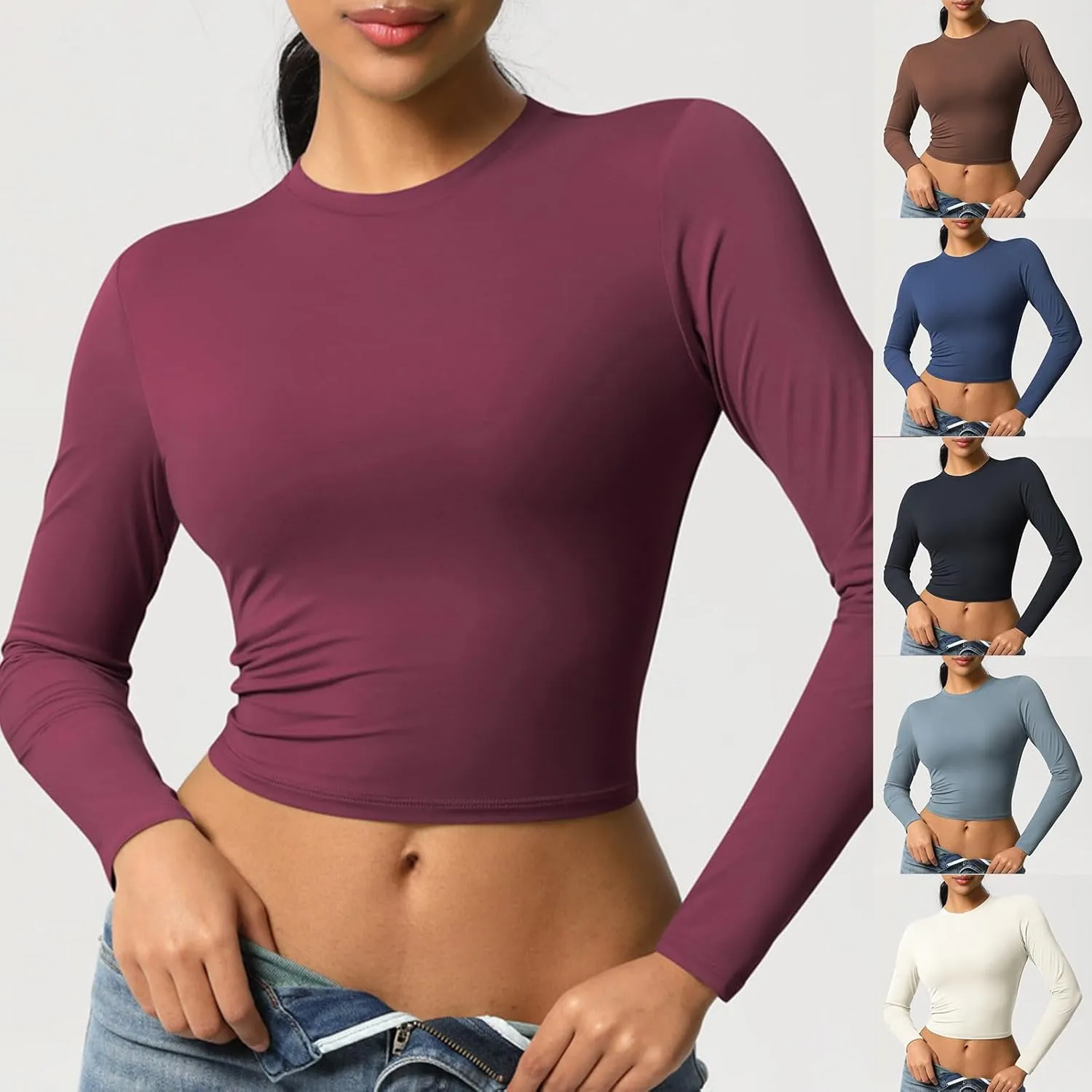 HGps8w Women's Long Sleeve Crop Workout Tops Casual Basic Solid Crewneck Slim Fitted Quick Dry Athletic Shirts