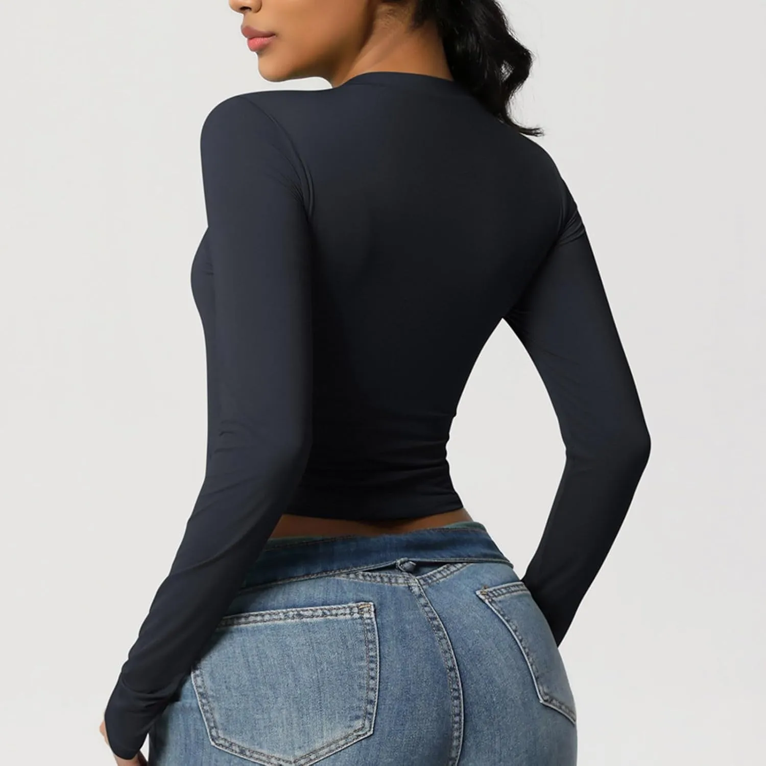 HGps8w Women's Long Sleeve Crop Workout Tops Casual Basic Solid Crewneck Slim Fitted Quick Dry Athletic Shirts