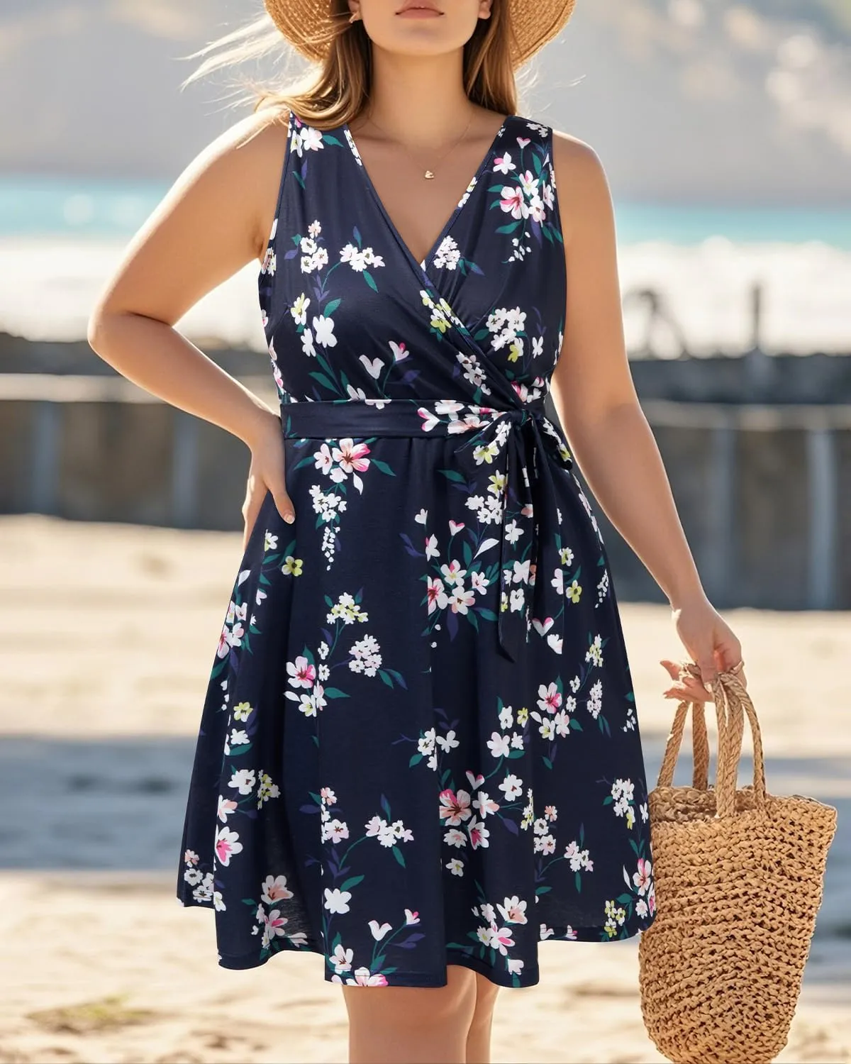 Holipick Women's Plus Size Sleeveless V Neck Wrap Sundress Summer Casual Dress with Pockets