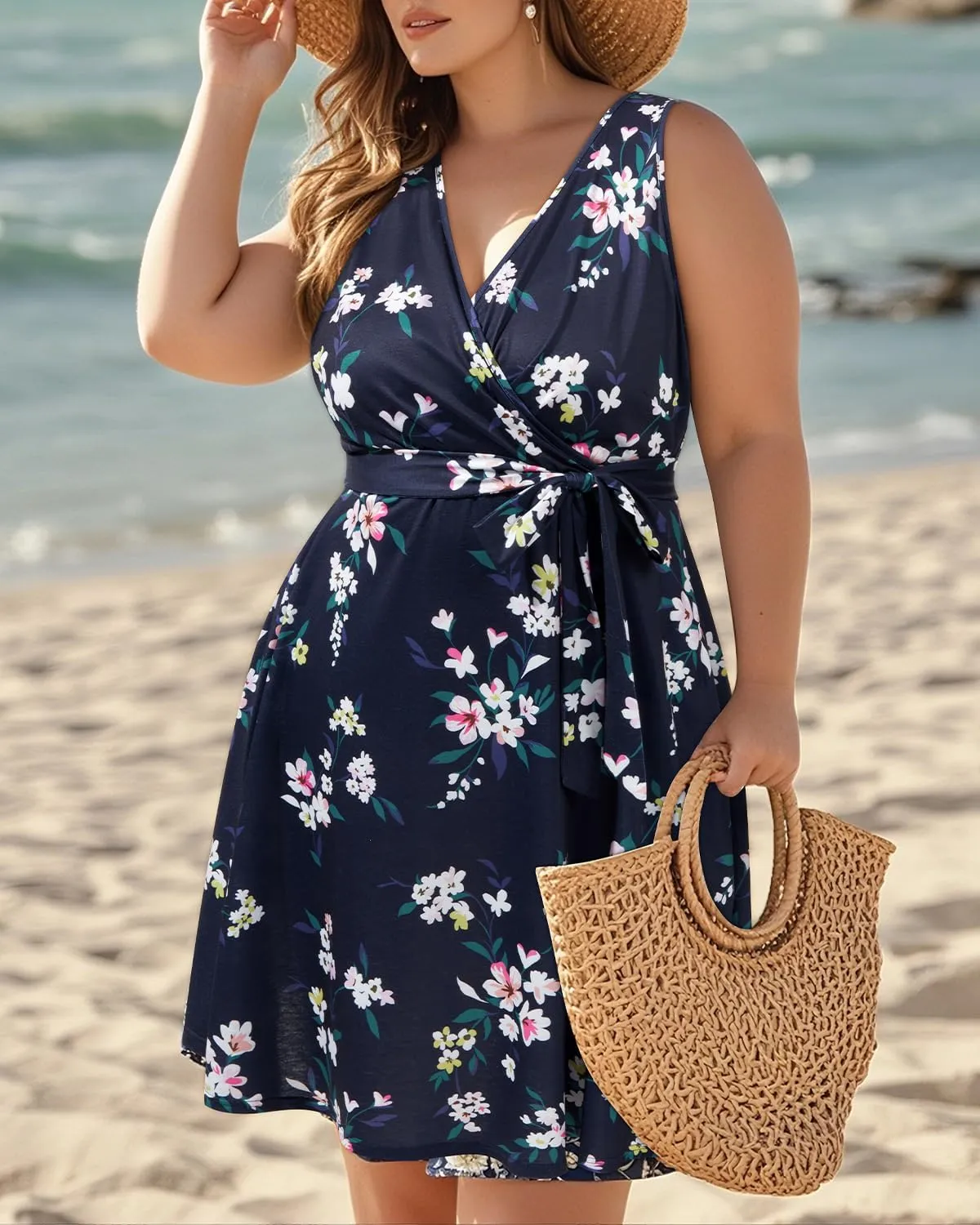 Holipick Women's Plus Size Sleeveless V Neck Wrap Sundress Summer Casual Dress with Pockets