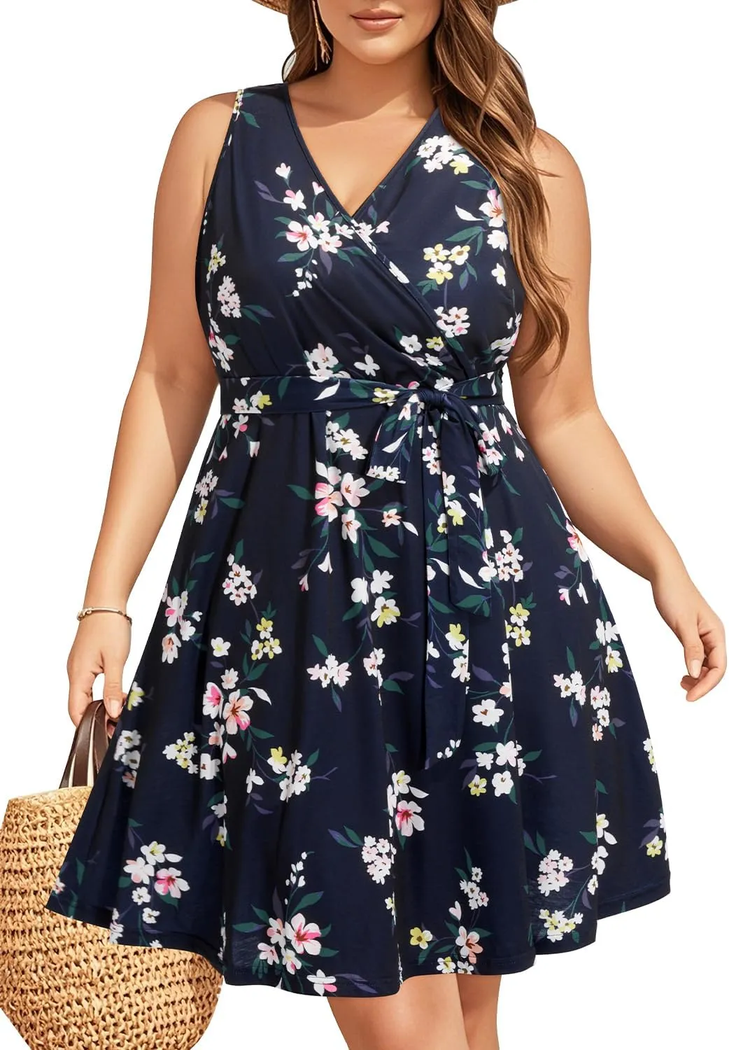 Holipick Women's Plus Size Sleeveless V Neck Wrap Sundress Summer Casual Dress with Pockets