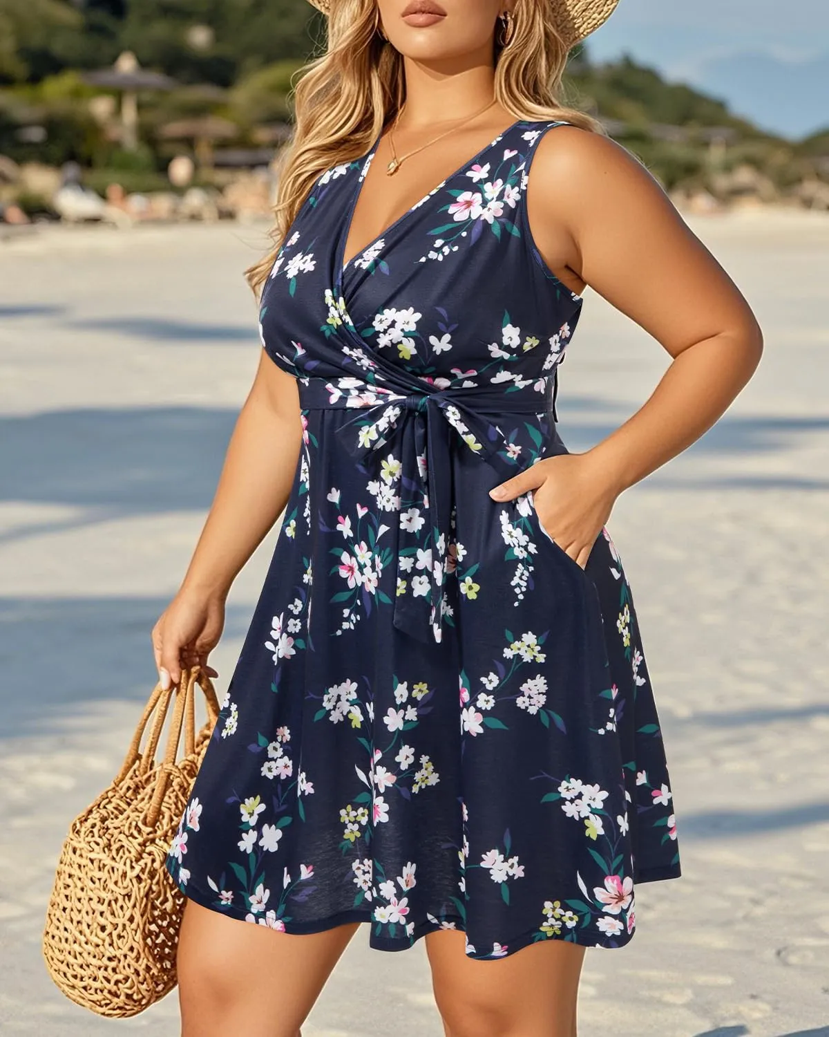 Holipick Women's Plus Size Sleeveless V Neck Wrap Sundress Summer Casual Dress with Pockets