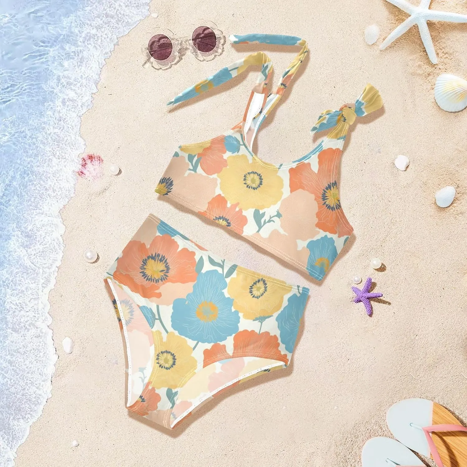 KLL Vibrant Floral Pattern Poppy Girl 2 Piecing Bikini Sets Scoop Neck Bathing Suit Swimwear Adjustable Shoulder Strap