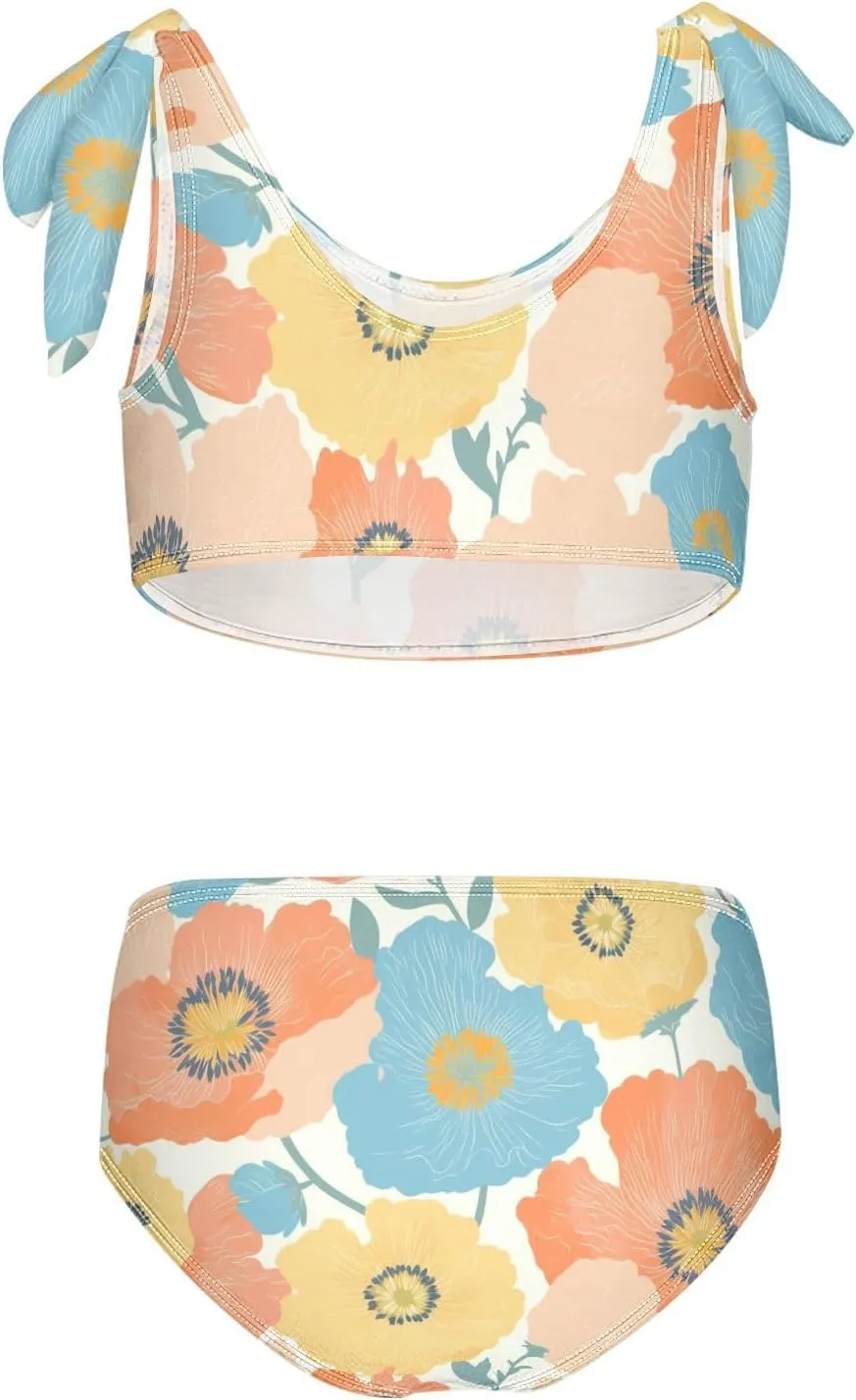 KLL Vibrant Floral Pattern Poppy Girl 2 Piecing Bikini Sets Scoop Neck Bathing Suit Swimwear Adjustable Shoulder Strap
