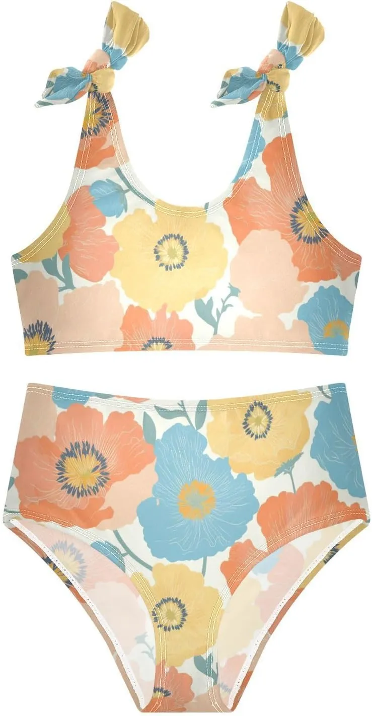 KLL Vibrant Floral Pattern Poppy Girl 2 Piecing Bikini Sets Scoop Neck Bathing Suit Swimwear Adjustable Shoulder Strap