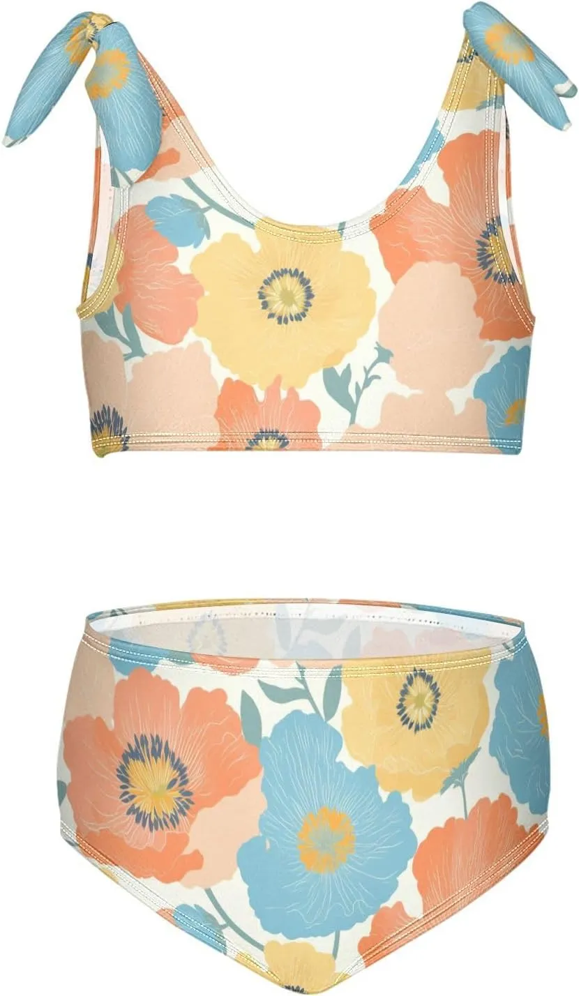 KLL Vibrant Floral Pattern Poppy Girl 2 Piecing Bikini Sets Scoop Neck Bathing Suit Swimwear Adjustable Shoulder Strap