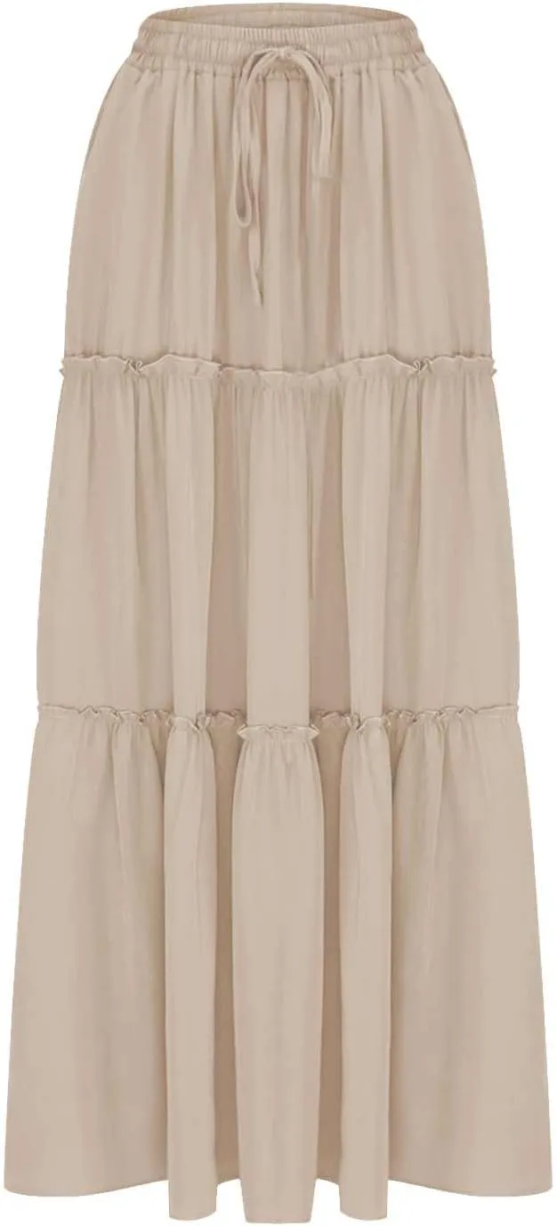 Ladies Maxi Skirts Spring Summer Casual Long Skirt for Women Trendy Tiered Pleated Vacation Skirts Half Dress