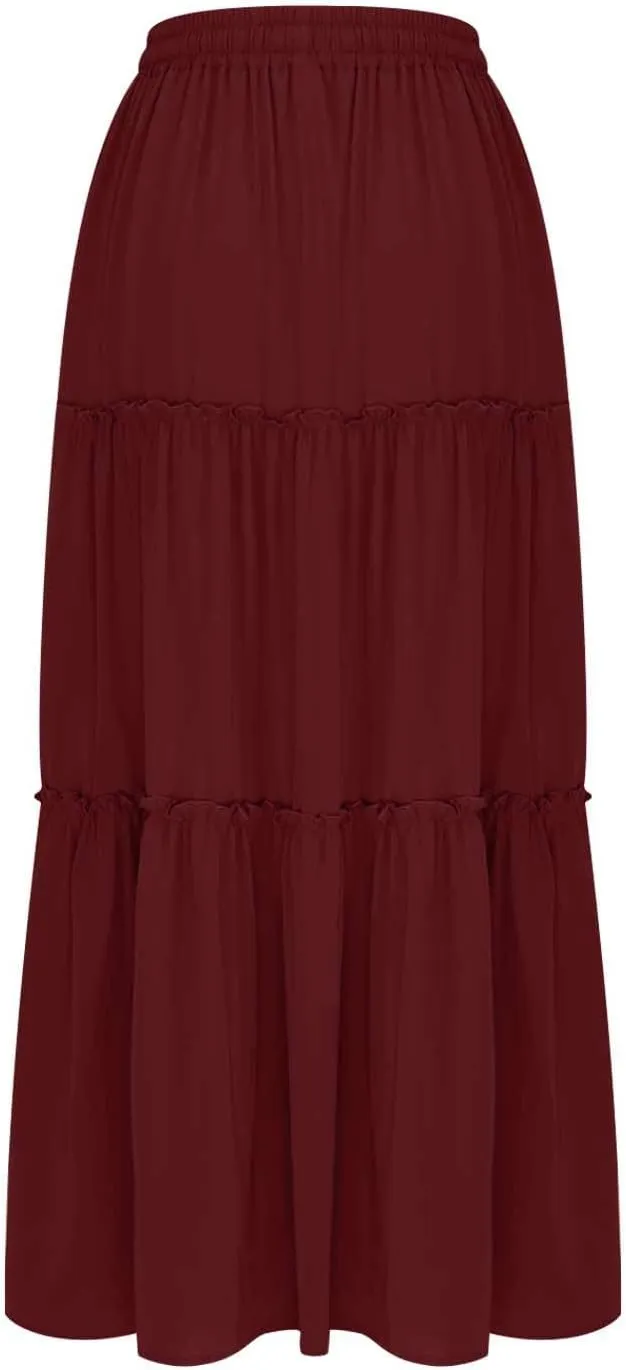 Ladies Maxi Skirts Spring Summer Casual Long Skirt for Women Trendy Tiered Pleated Vacation Skirts Half Dress